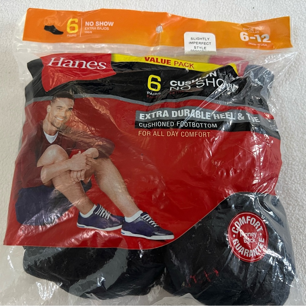 🔥HANES ATHLETIC CUSHION NO SHOW BLACK SOCKS 6 PAIRS MEN SIZE LARGE 6-12 NWT USA